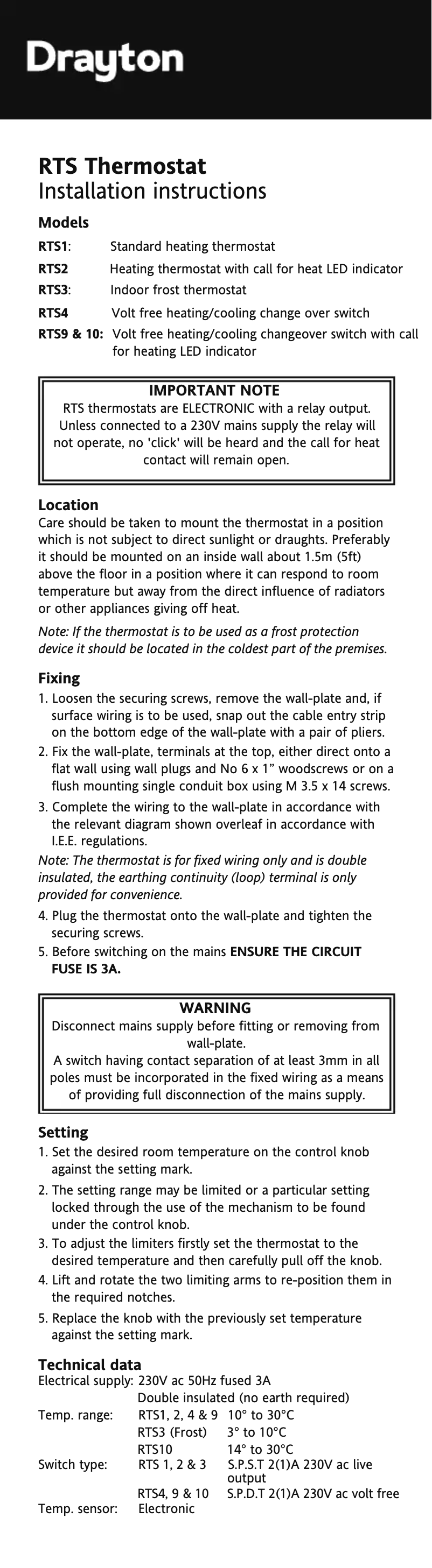 Página nº 1 - Manual de instrucciones Drayton RTS1