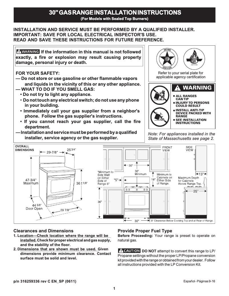 Página 1 del manual Guía de instalación Frigidaire FGF375EQ