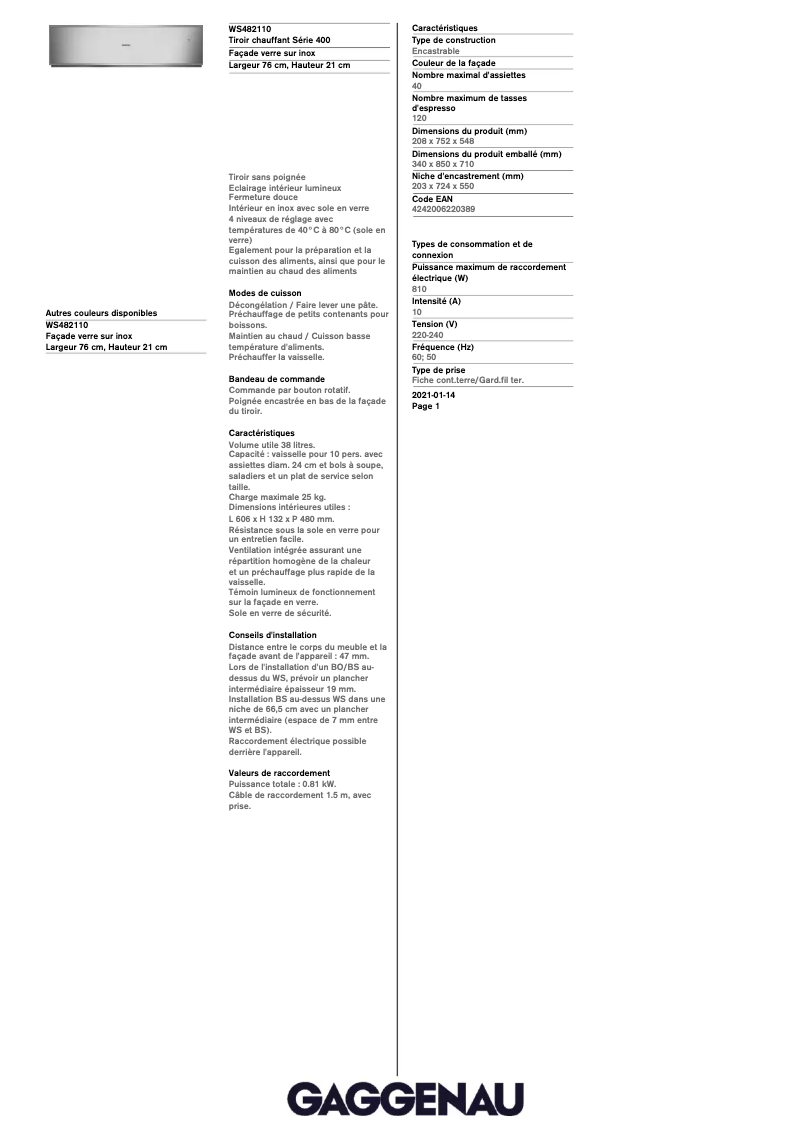 Página nº 1 - Ficha técnica Gaggenau WS482110