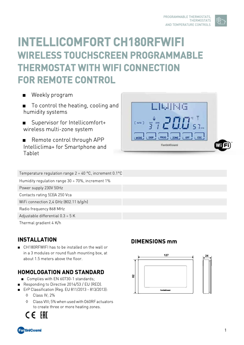 Imagen de la primera página del manual del dispositivo Intellicomfort CH180RFWIFI