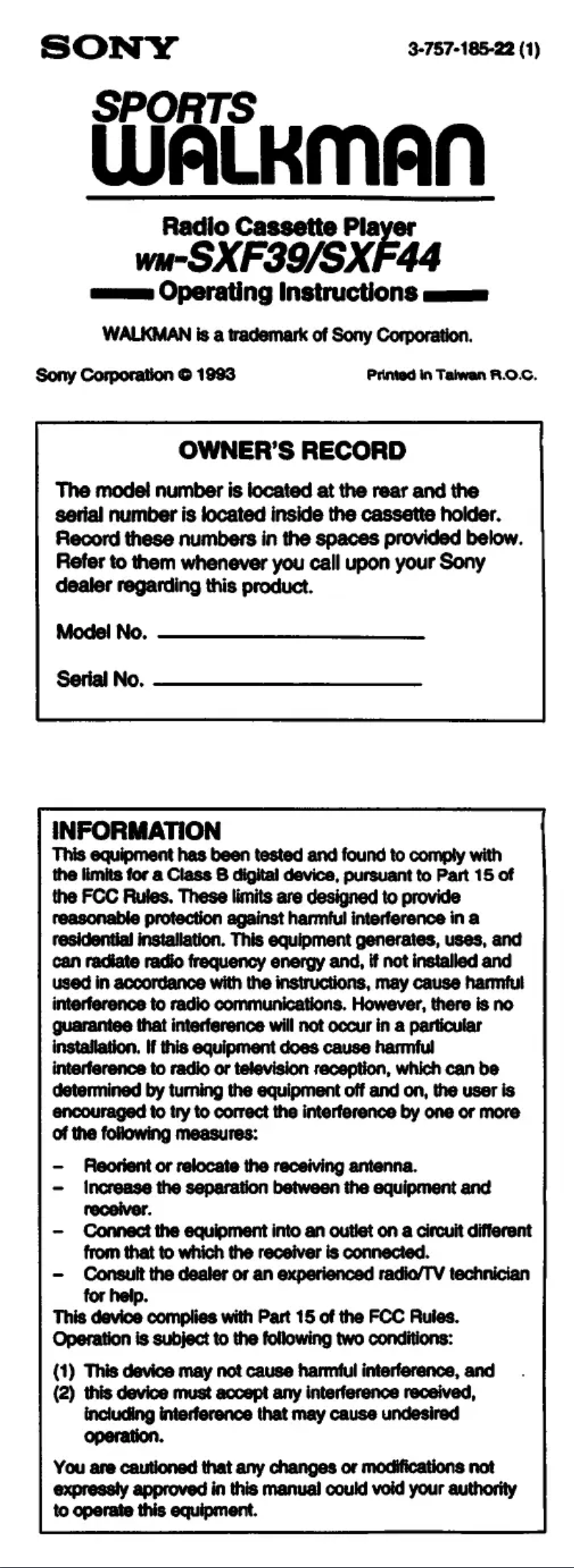 Página 1 del manual Manual de usuario Sony Walkman WM-SXF44