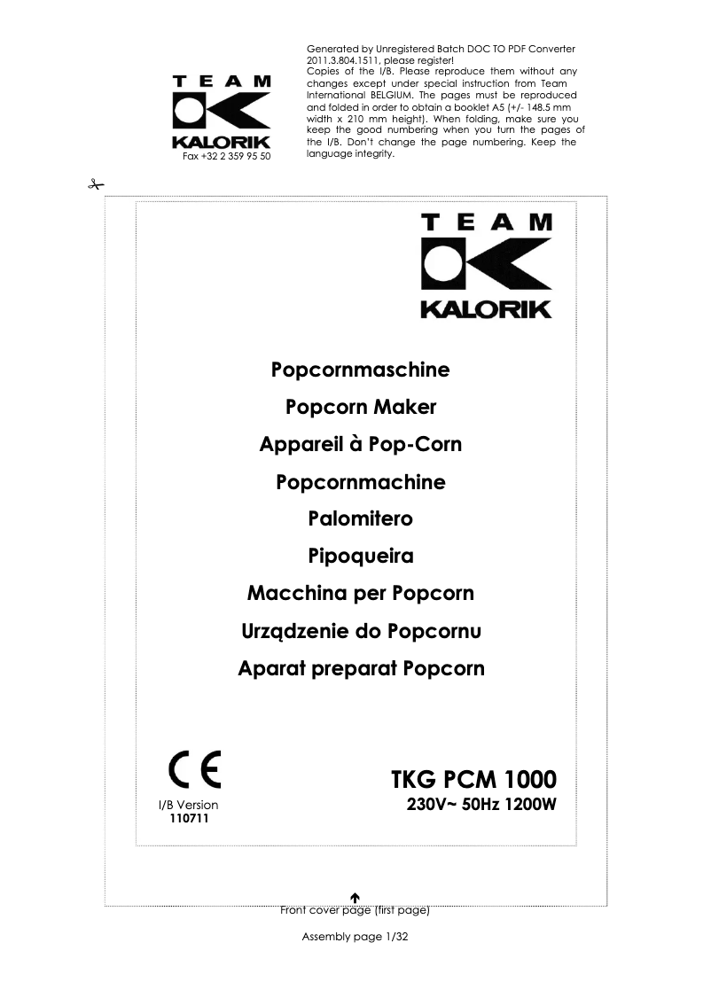 Página 1 del manual Manual de usuario Kalorik TKG PCM 1000