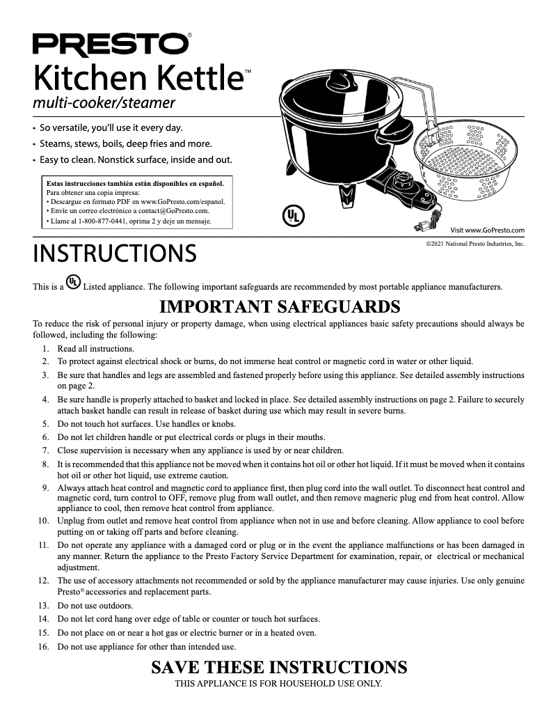 Página 1 del manual Manual de usuario Presto Kitchen Kettle