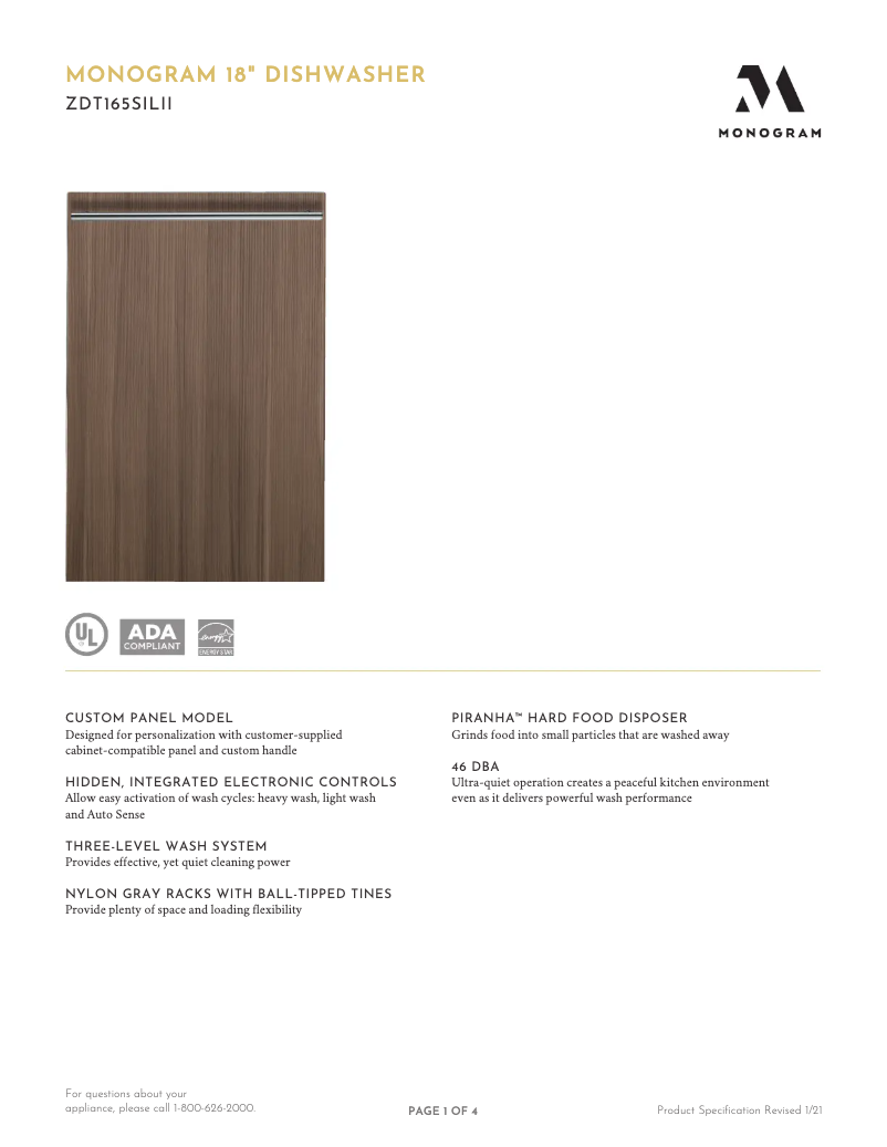 Página 1 del manual Ficha técnica GE ZDT165SILII