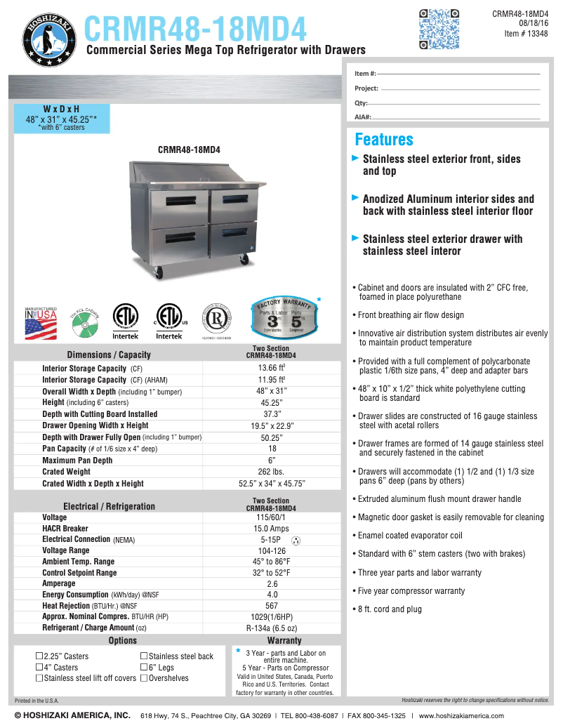 Página 1 del manual Ficha técnica Hoshizaki CRMR48-18MD4