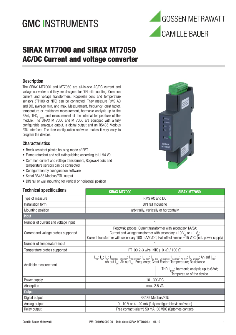 Página 1 del manual Ficha técnica Camille Bauer SIRAX MT7000