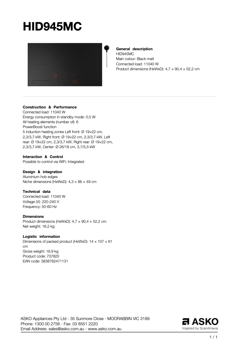 Página nº 1 - Ficha técnica Asko HID945MC