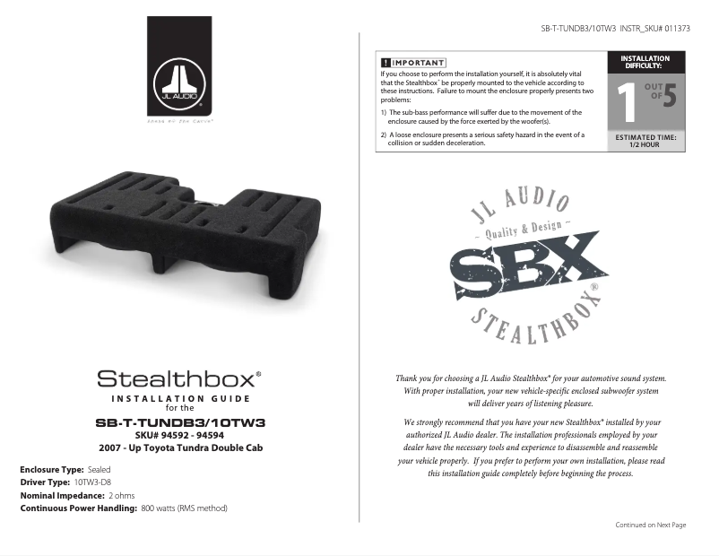 Imagen de la primera página del manual del dispositivo Stealthbox SB-T-TUNDB3/10TW3/BK