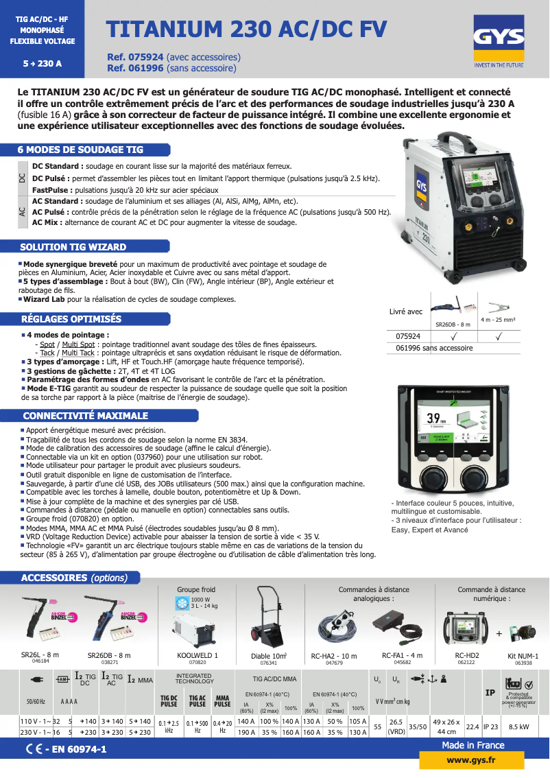 Página 1 del manual Ficha técnica GYS Titanium 230 AC/DC