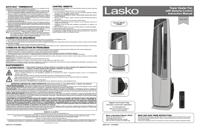 Página nº 1 - Manual de usuario Lasko FHV820
