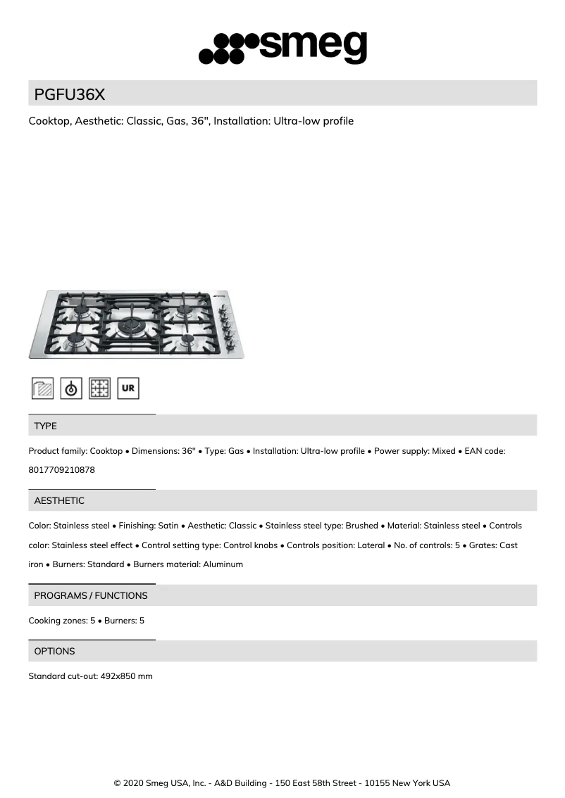 Página 1 del manual Ficha técnica Smeg PGFU36X