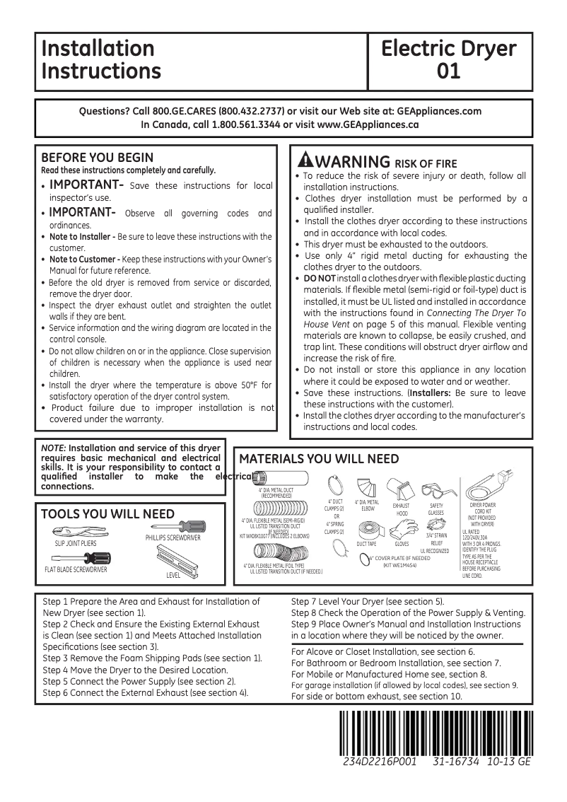 Página 1 del manual Guía de instalación GE GTDX185EDCC