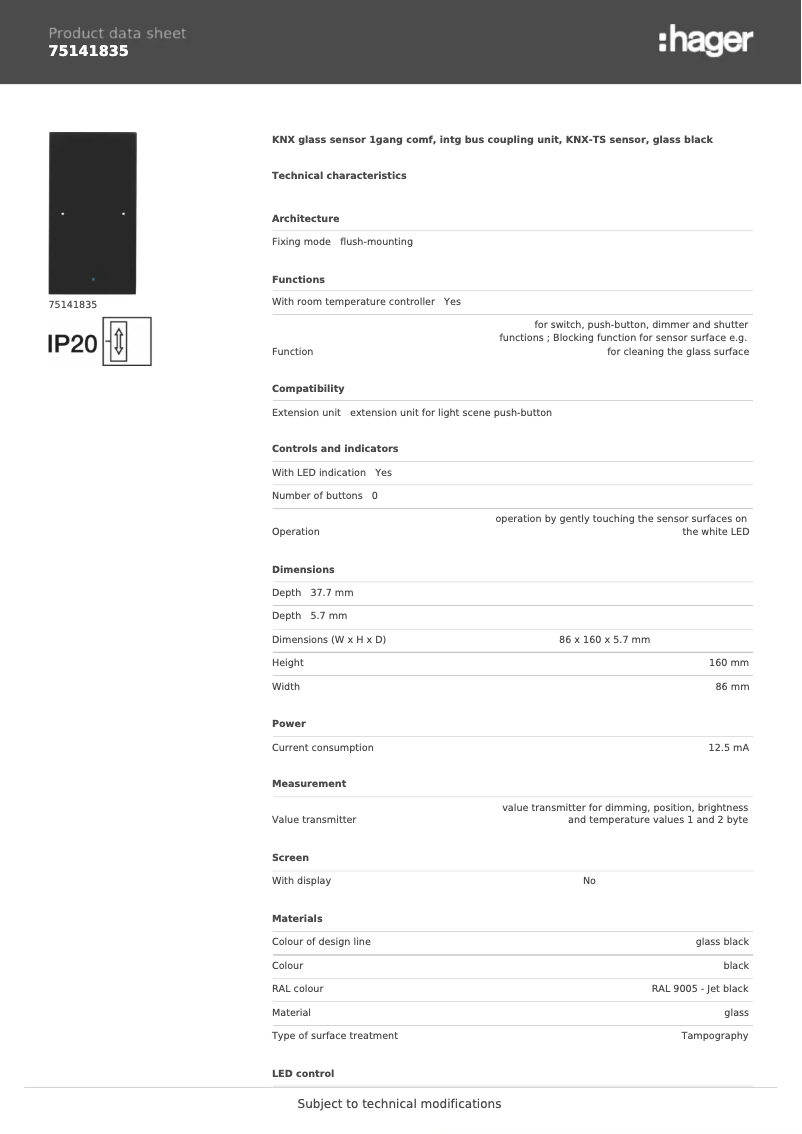 Página 1 del manual Ficha técnica Hager 75141835