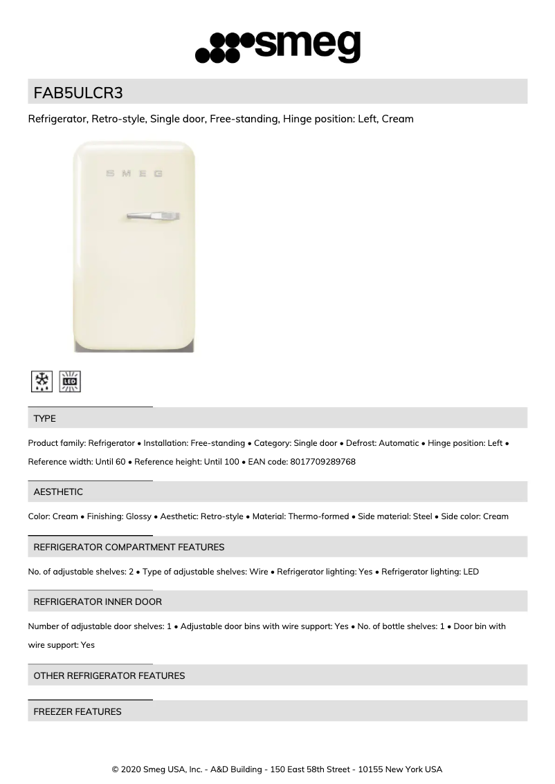 Página 1 del manual Ficha técnica Smeg FAB5ULCR3