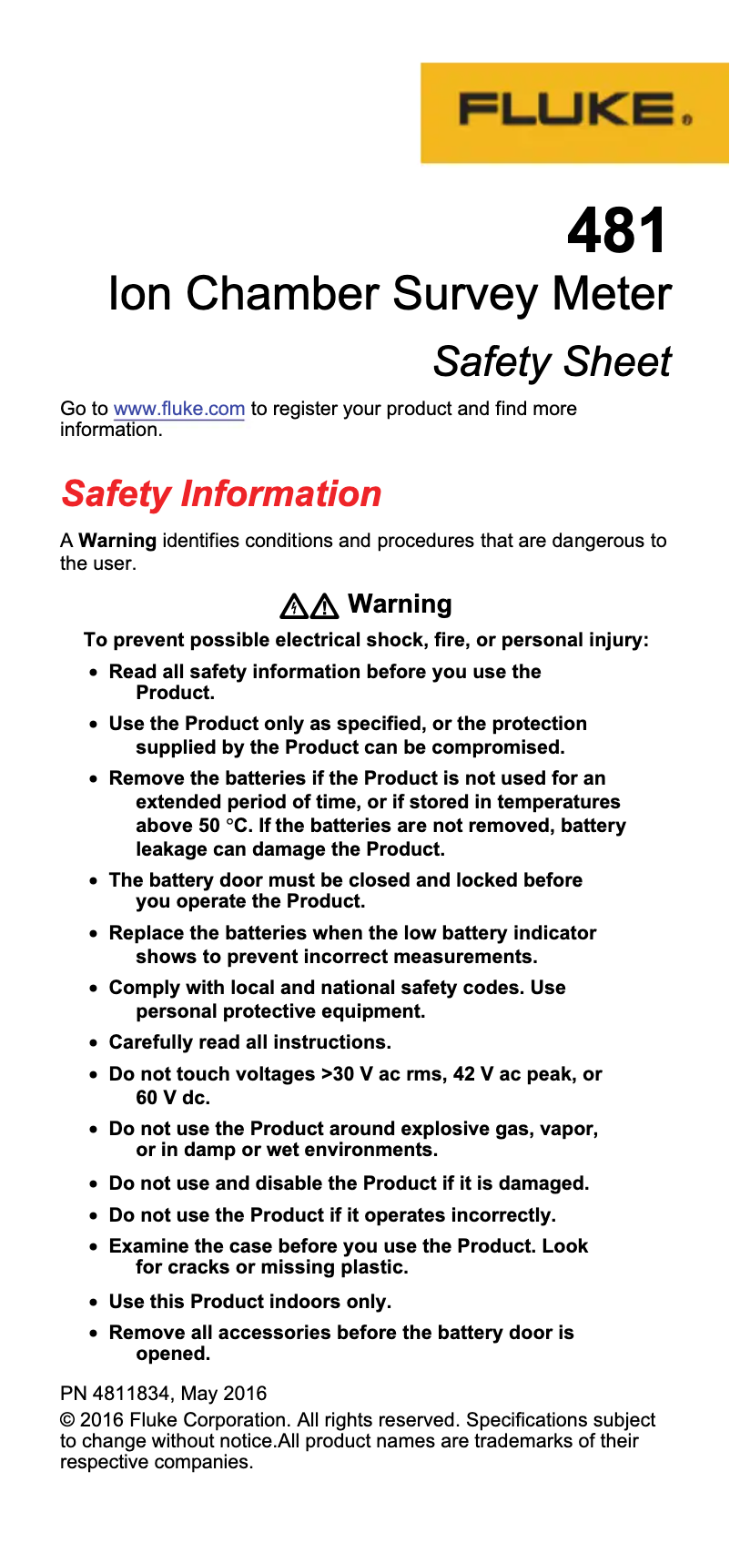 Página 1 del manual Instrucciones de seguridad Fluke 481
