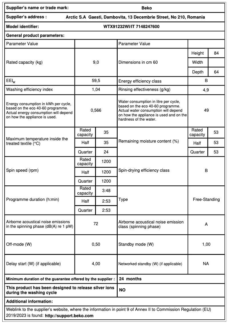 Página 1 del manual Ficha técnica Beko WTX91232WI