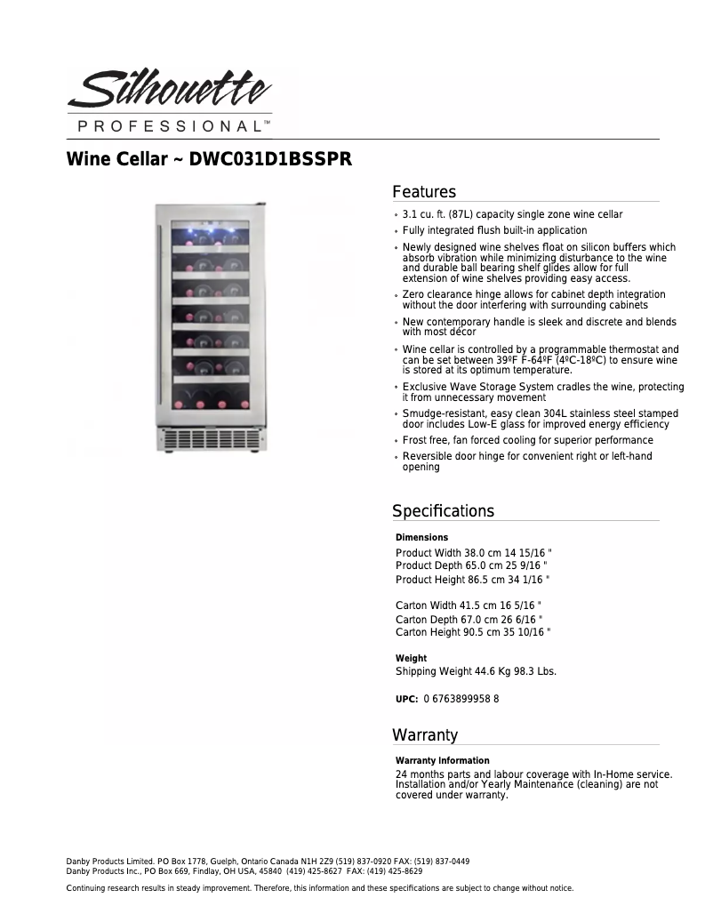 Página 1 del manual Ficha técnica Danby DWC031D1BSSPR