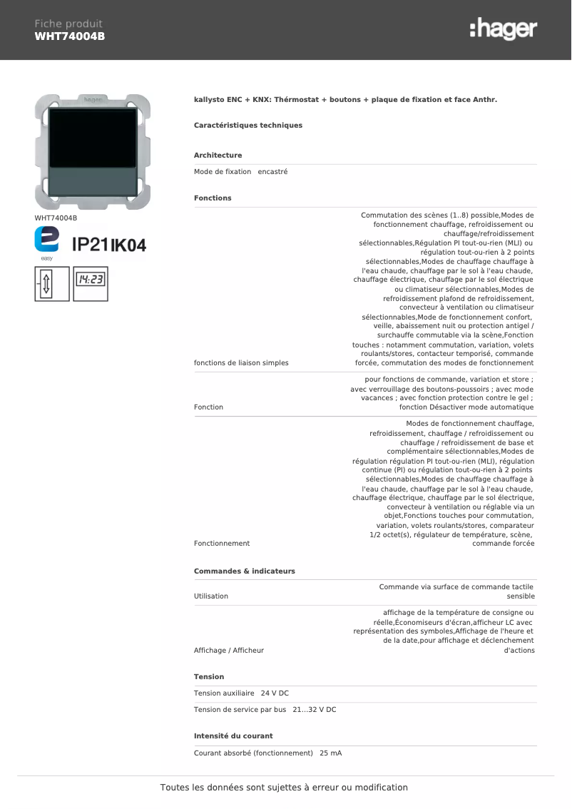 Página 1 del manual Ficha técnica Hager WHT74004B