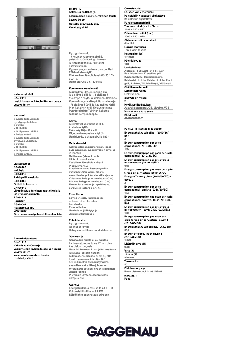 Página 1 del manual Etiqueta energética Gaggenau BX480112