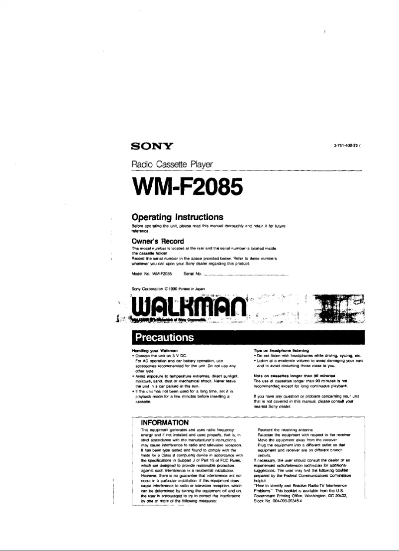 Imagen de la primera página del manual del dispositivo Walkman WM-F2085