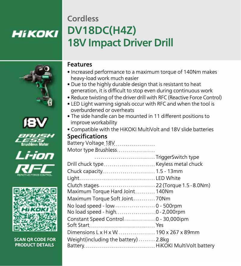 Página 1 del manual Ficha técnica HiKOKI DV18DC