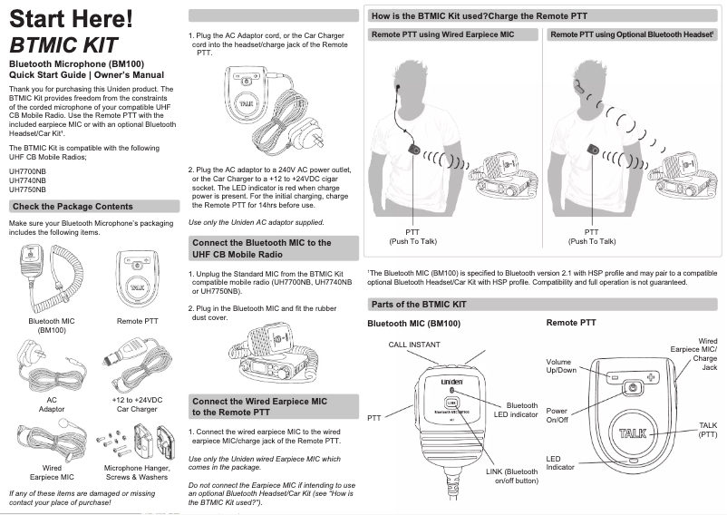Imagen de la primera página del manual del dispositivo BT MIC KIT