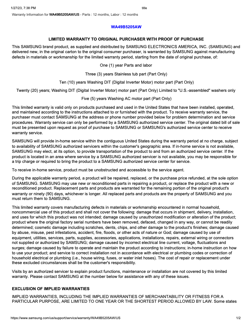 Página 1 del manual Información de garantía Samsung WA49B5205AW