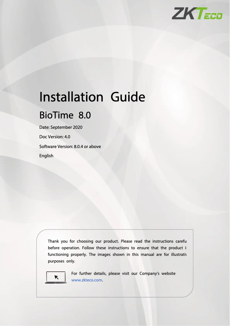 Imagen de la primera página del manual del dispositivo BioTime 8.0