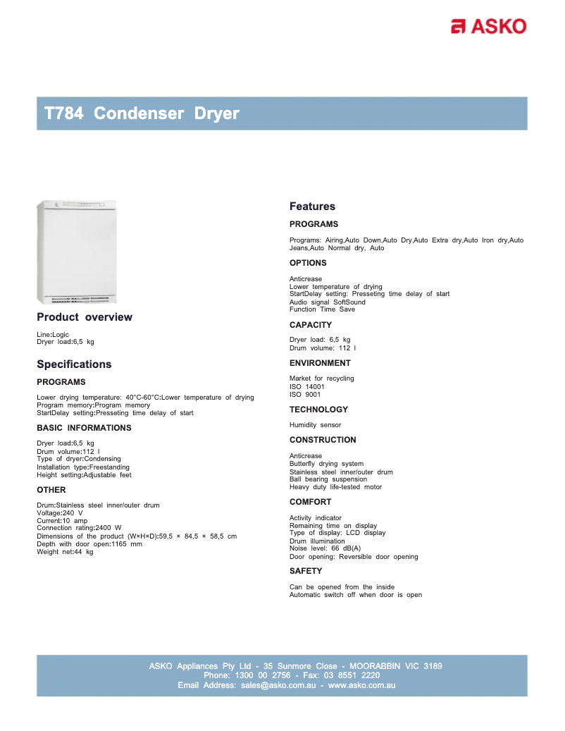 Página 1 del manual Ficha técnica Asko T784C