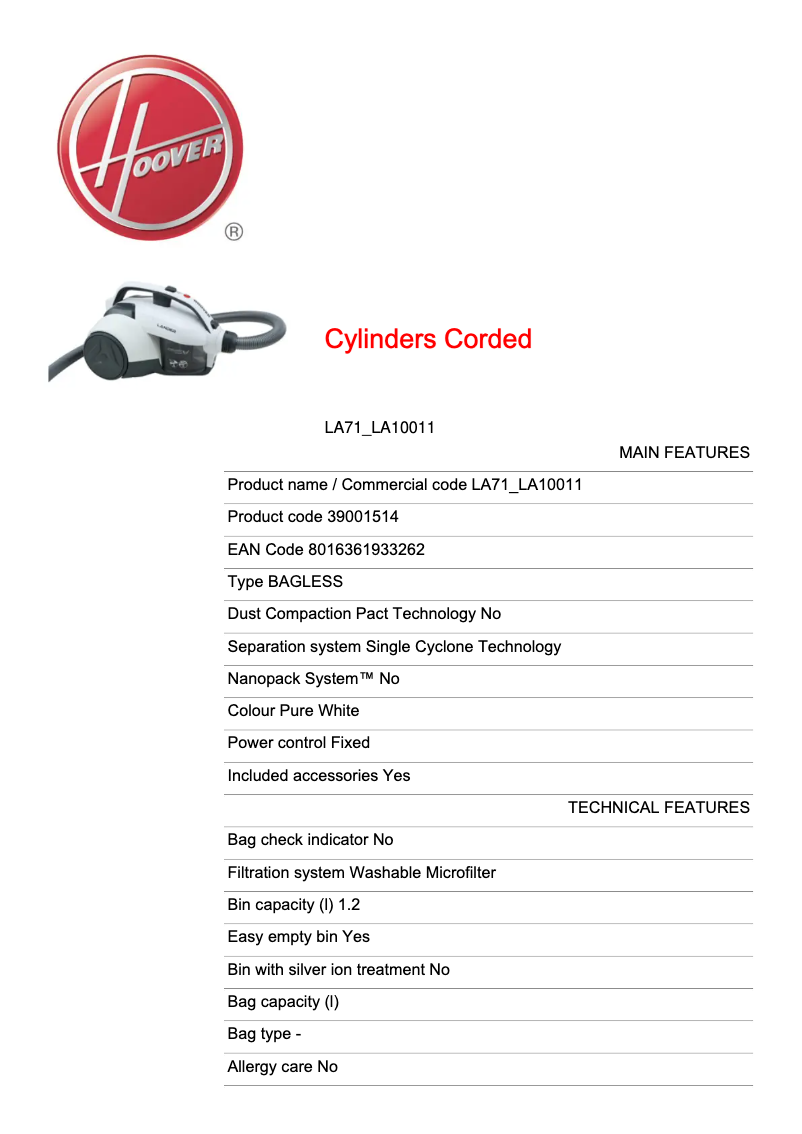 Página 1 del manual Ficha técnica Hoover Lander LA71_LA10011