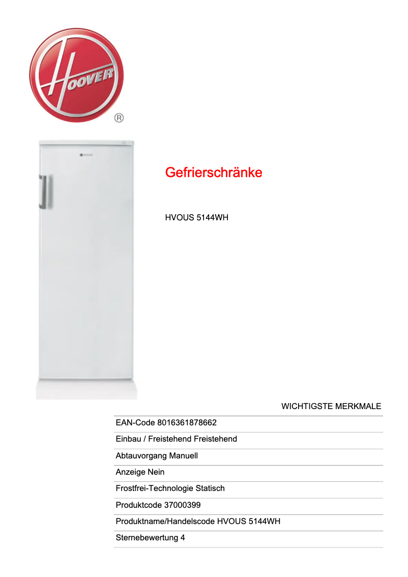 Página 1 del manual Ficha técnica Hoover HVOUS 5144 WH