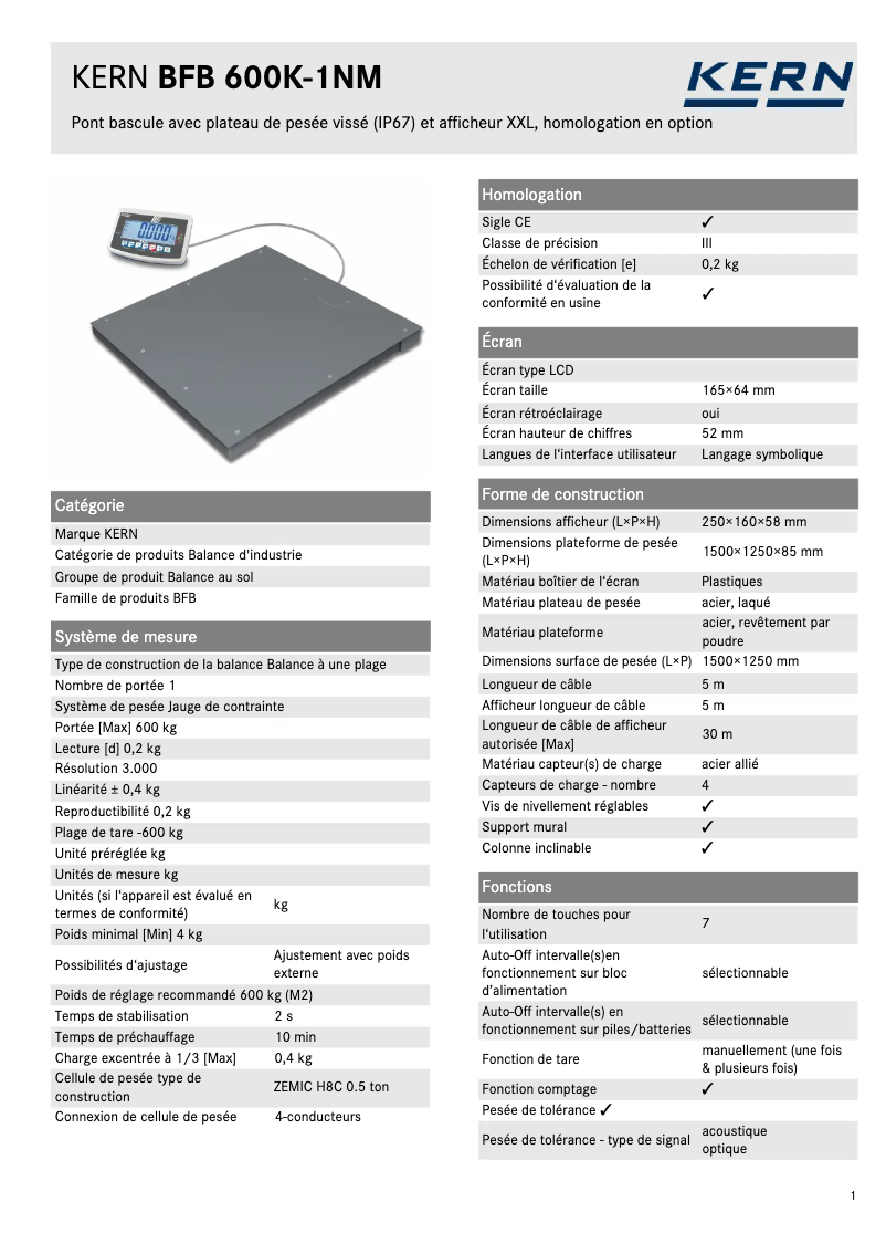 Página 1 del manual Ficha técnica Kern BFB 600K-1AM