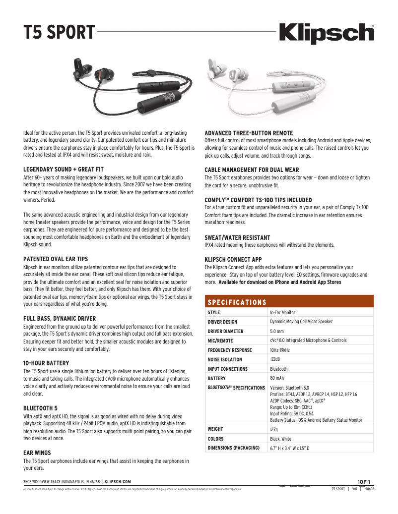 Página 1 del manual Ficha técnica Klipsch T5 Sport