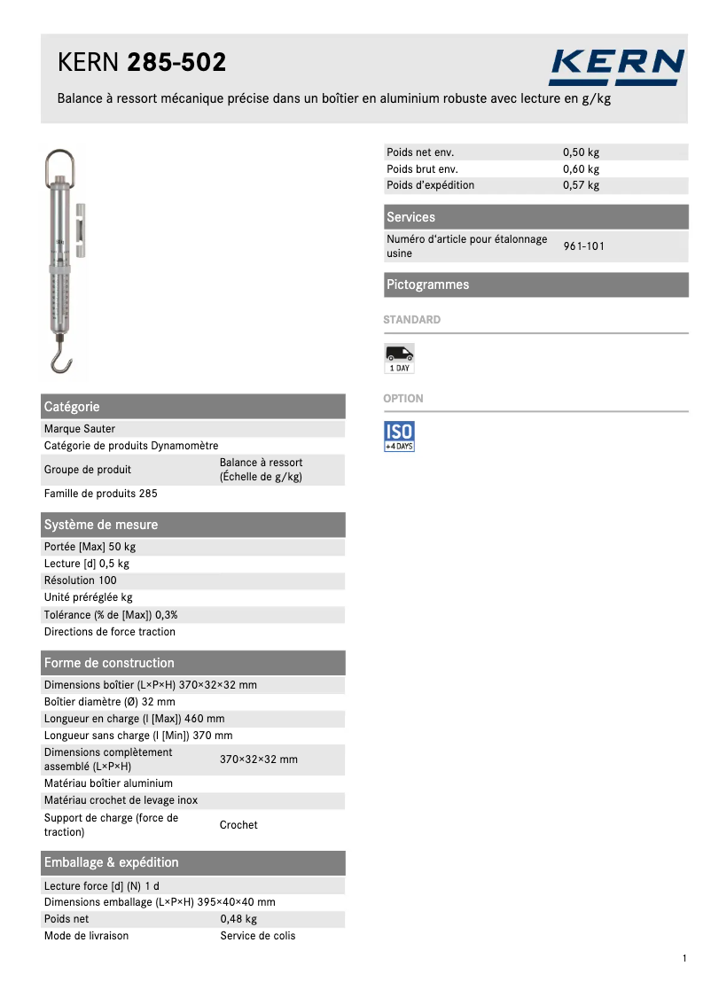 Página 1 del manual Ficha técnica Kern 285-502
