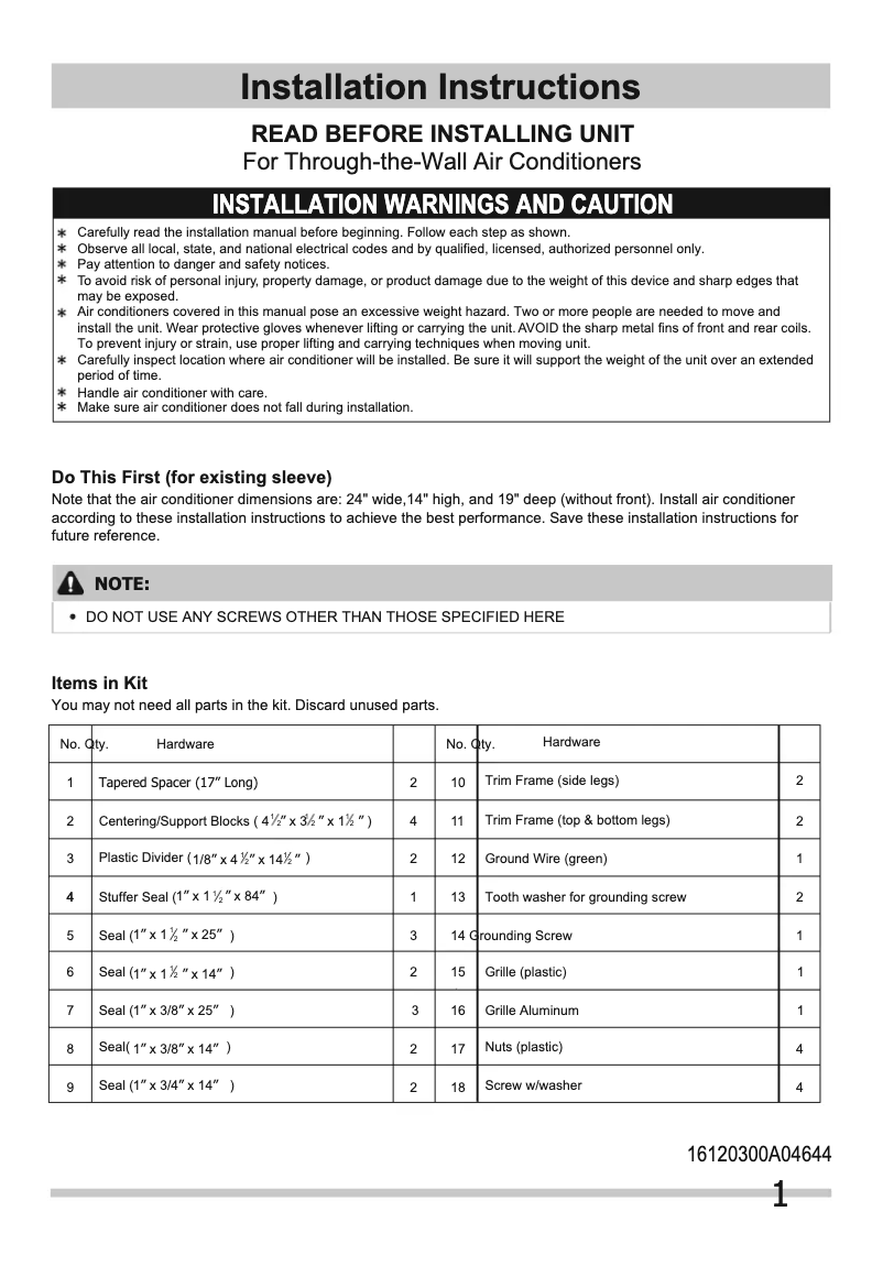 Página 1 del manual Guía de instalación Frigidaire FFTH0822R1