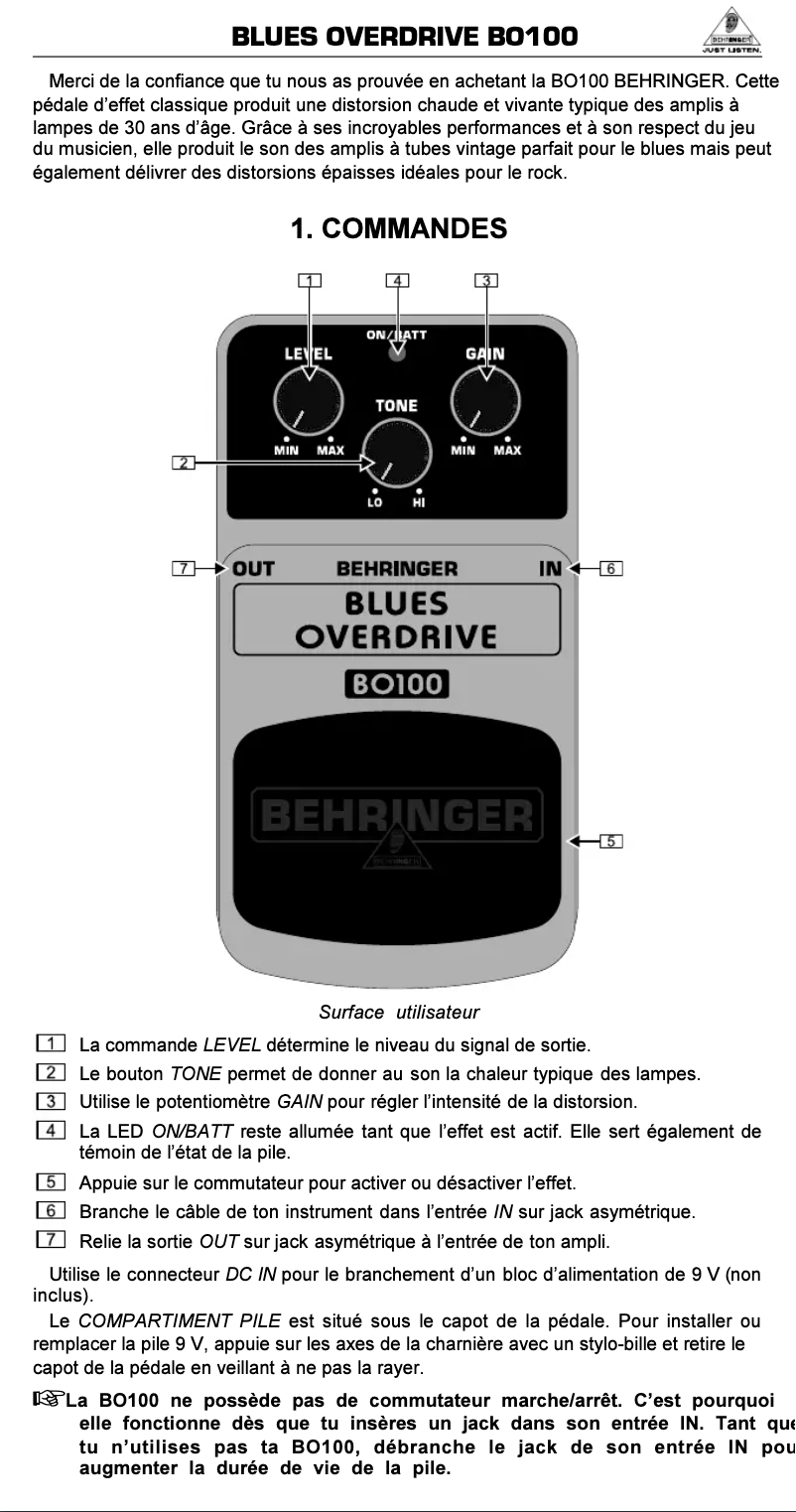 Imagen de la primera página del manual del dispositivo Blues Overdrive BO100