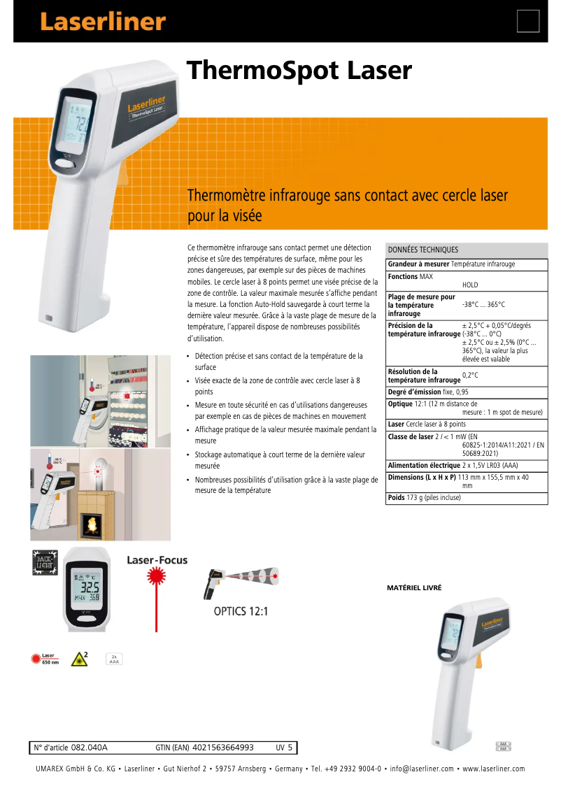 Página 1 del manual Ficha técnica Laserliner ThermoSpot Laser