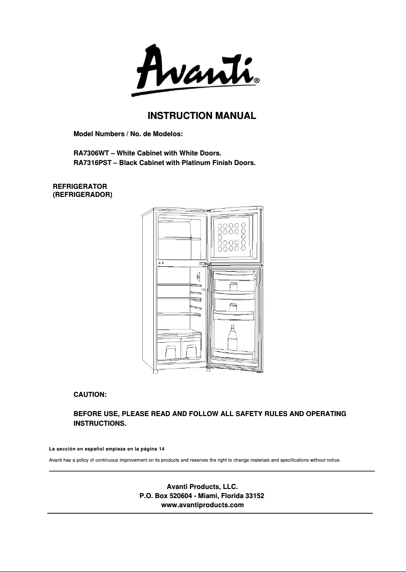 Página 1 del manual Manual de uso y mantenimiento Avanti RA7316