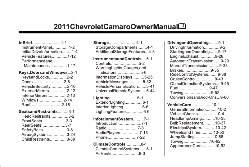 Página 1 del manual Manual de usuario Chevrolet Camaro (2011)