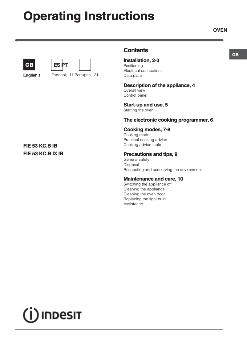 Página nº 1 - Manual de usuario Indesit FIE 53 KC.B IX IB