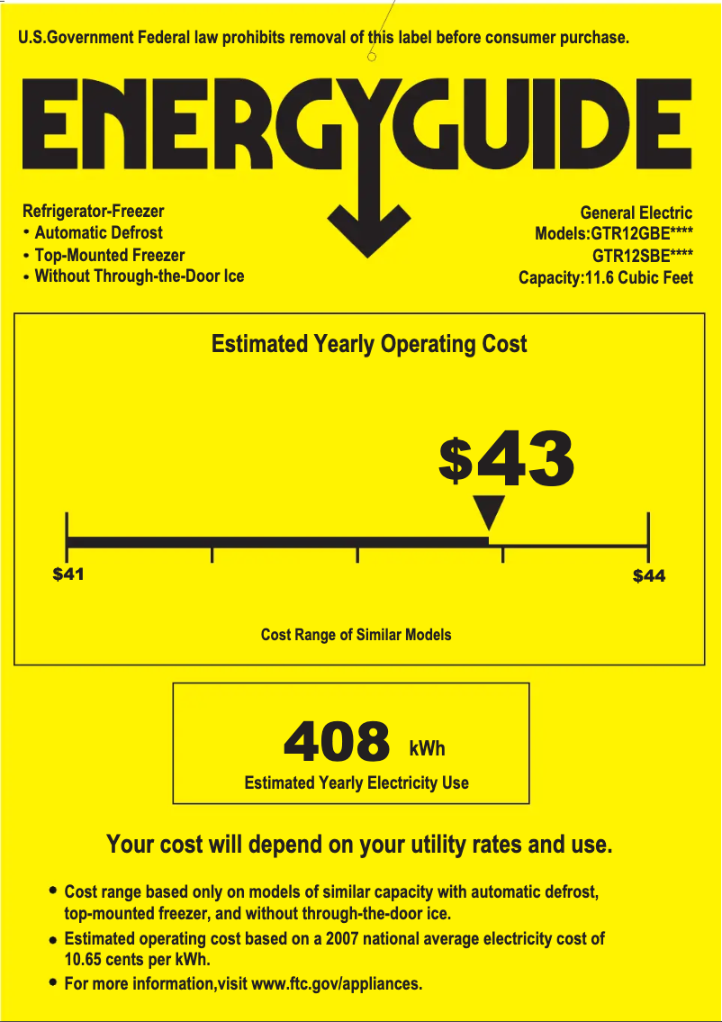 Página 1 del manual Etiqueta energética GE GTR12GBEWW