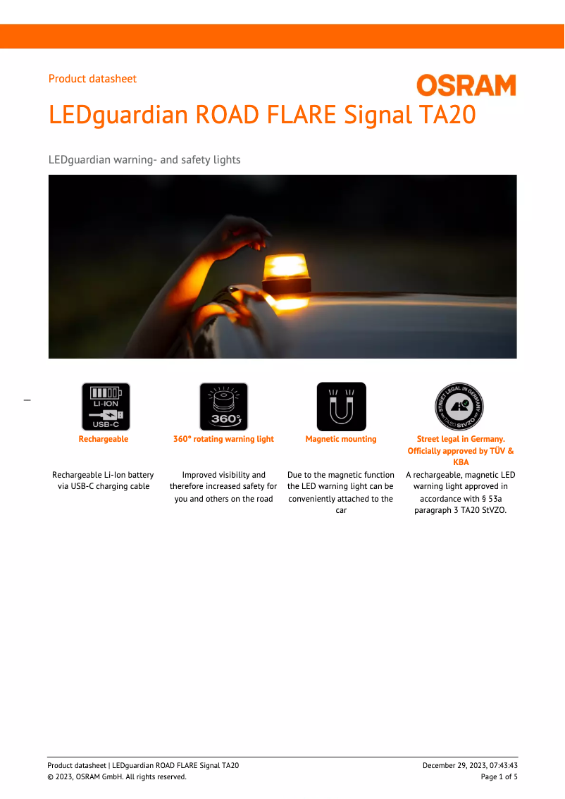 Página 1 del manual Ficha técnica Osram LEDguardian ROAD FLARE Signal TA20