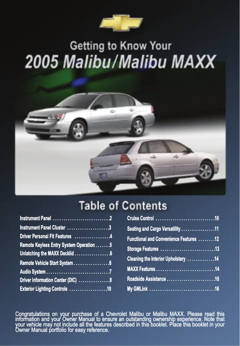 Página 1 del manual Guía de inicio rápido Chevrolet Malibu Maxx (2005)