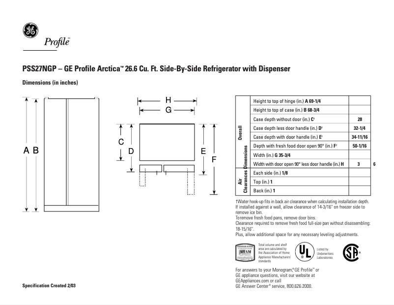 Página 1 del manual Ficha técnica GE Profile PSS27NGPWW