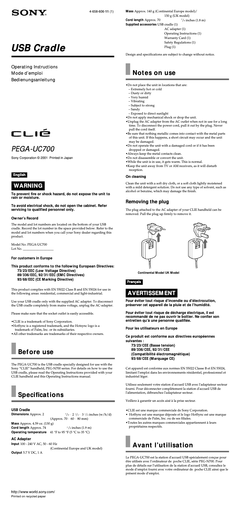 Página 1 del manual Manual de usuario Sony Clié PEGA-UC700