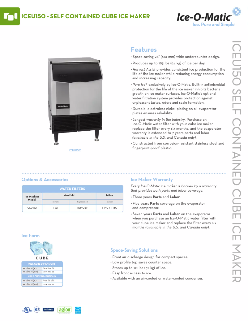 Página 1 del manual Ficha técnica Ice-O-Matic ICEU150HA
