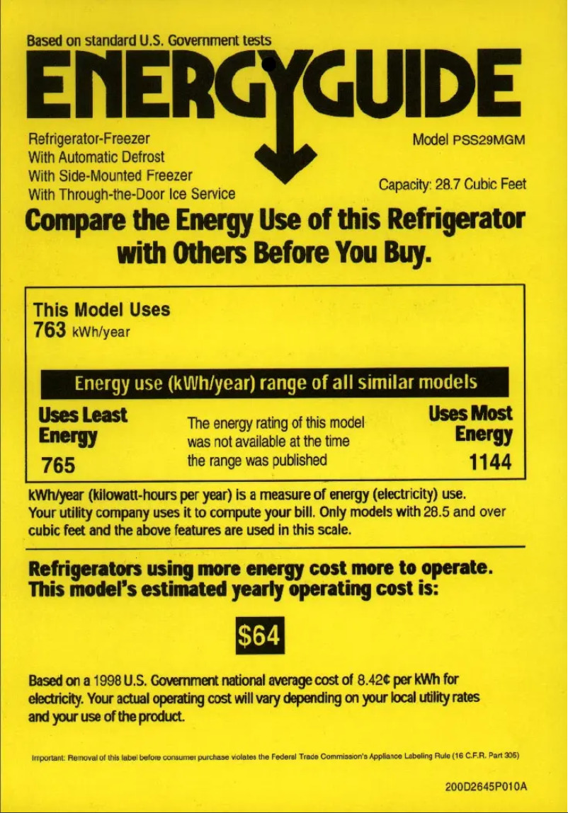 Página 1 del manual Etiqueta energética GE Profile Arctica PSS29MGMBB