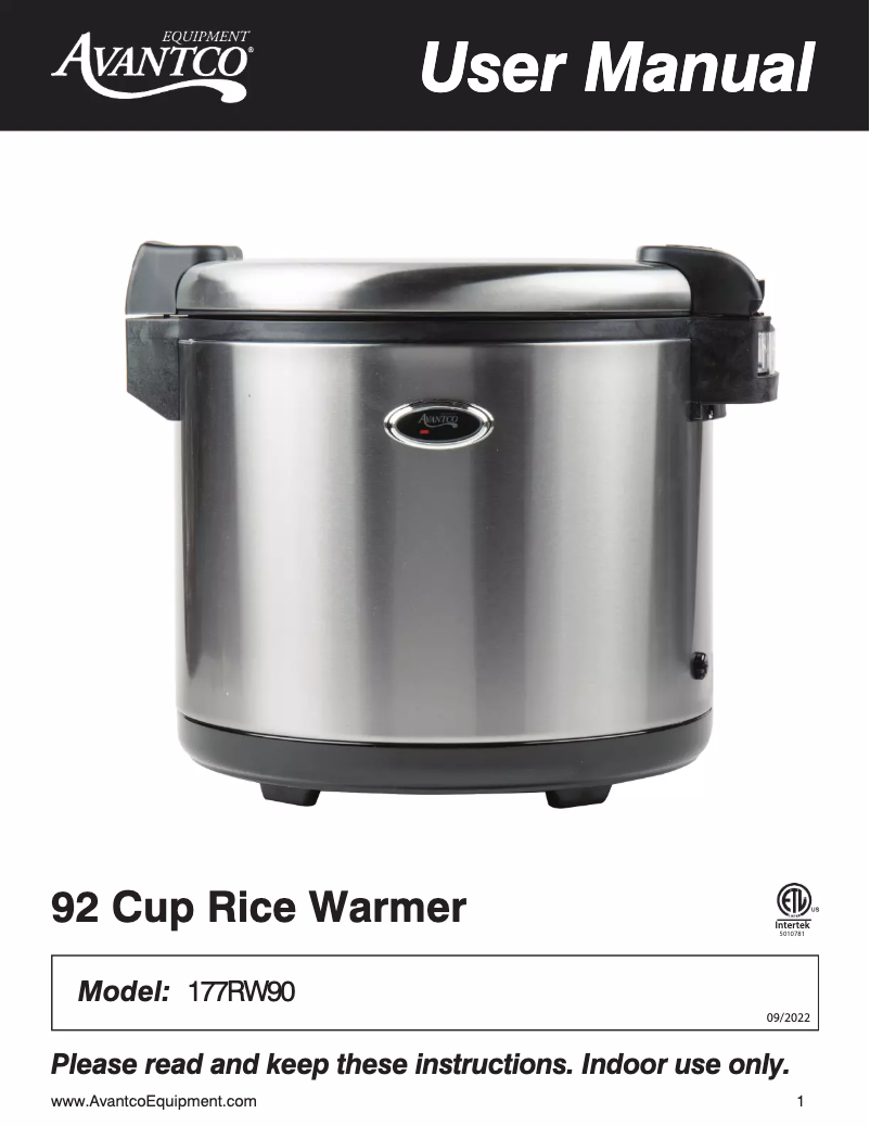 Página 1 del manual Manual de usuario Avantco RW90