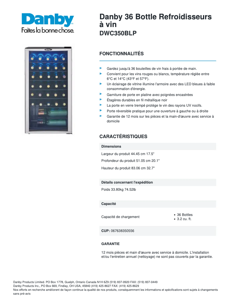 Página 1 del manual Ficha técnica Danby DWC350BLP