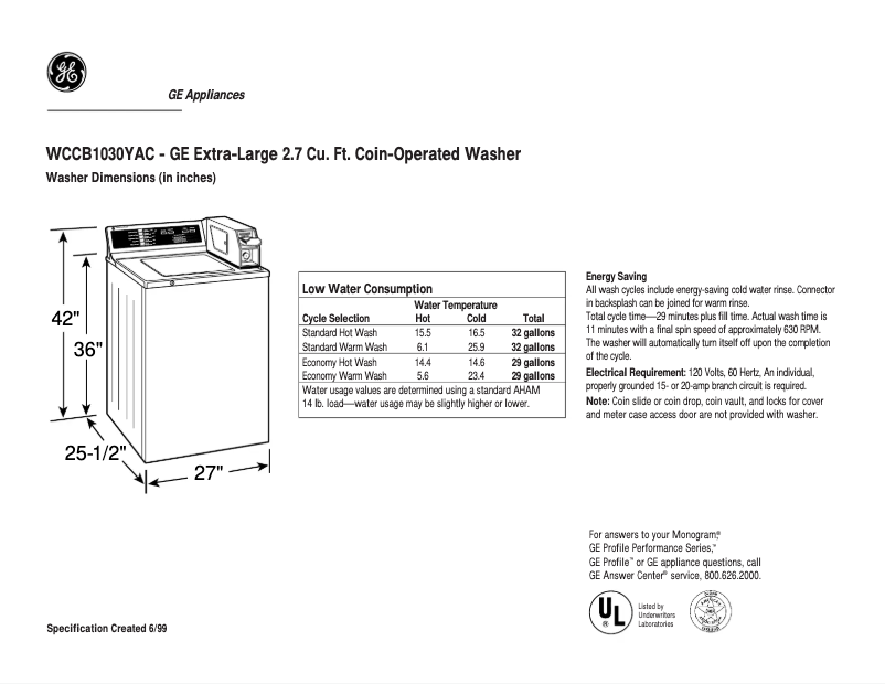 Página 1 del manual Ficha técnica GE WCCB1030YAC